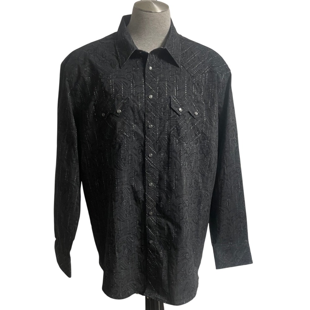Rock & Roll Modern Fit Black Paisley Stripe Pearl Snap Western Shirt Men's XXL